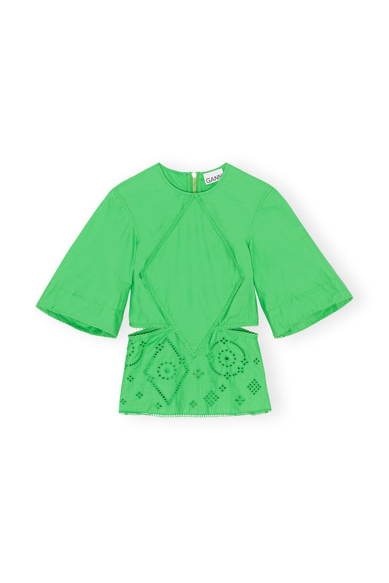 Broderie Anglaise Blouse, Cotton, in colour Kelly Green - 1 - GANNI