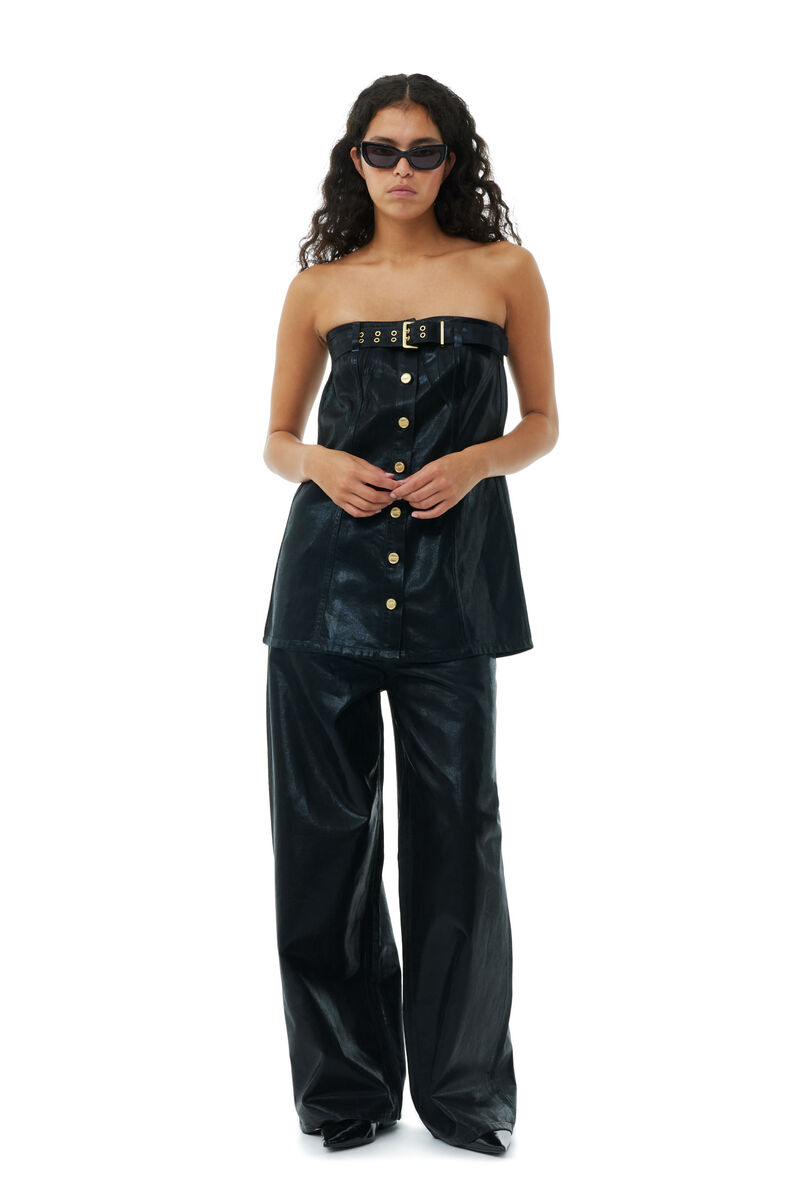 Black Foil Denim-corsage, Cotton, in colour Black - 2 - GANNI