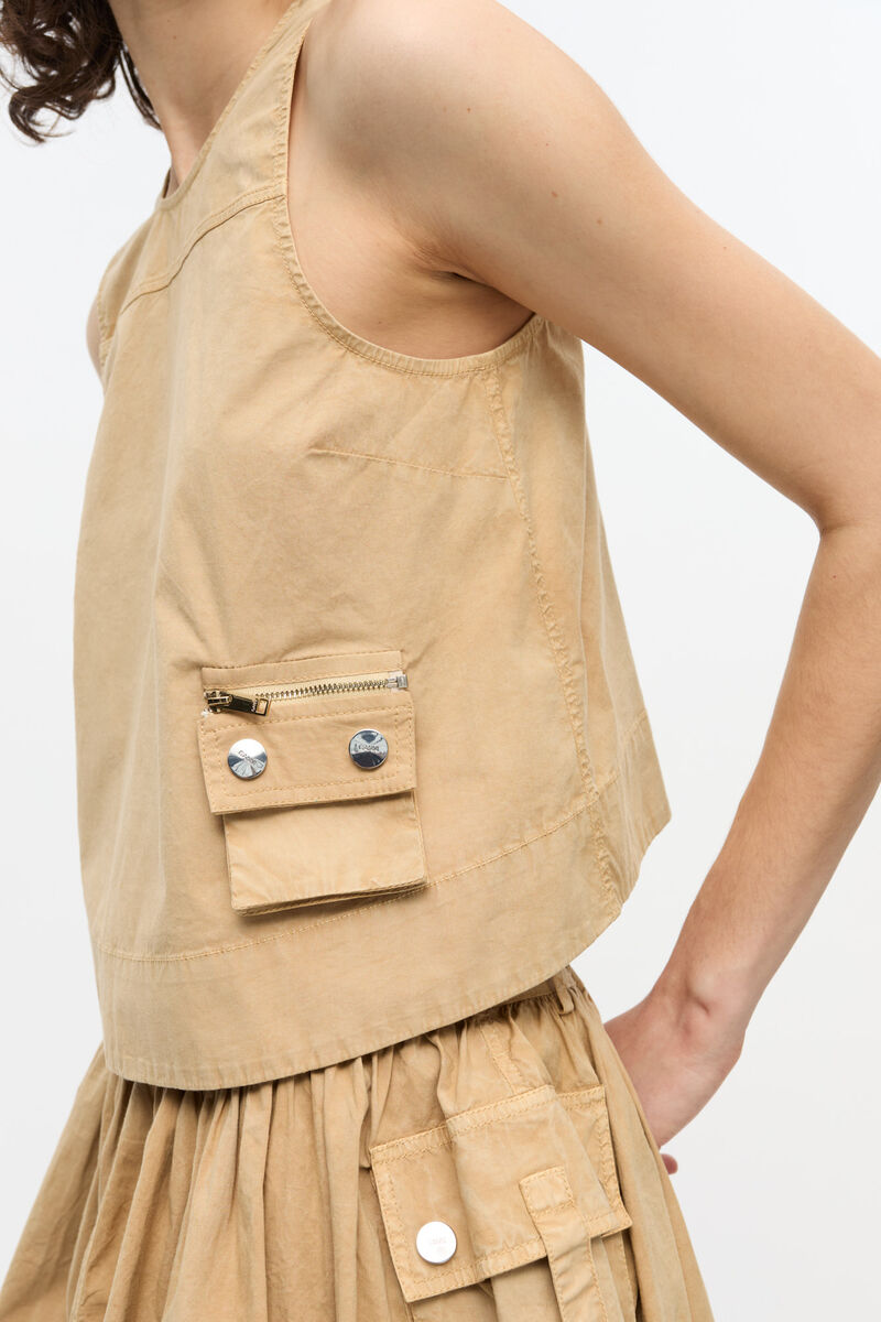 Beige Washed Stretch Cotton Sleeveless Top, Organic Cotton, in colour Lark - 4 - GANNI