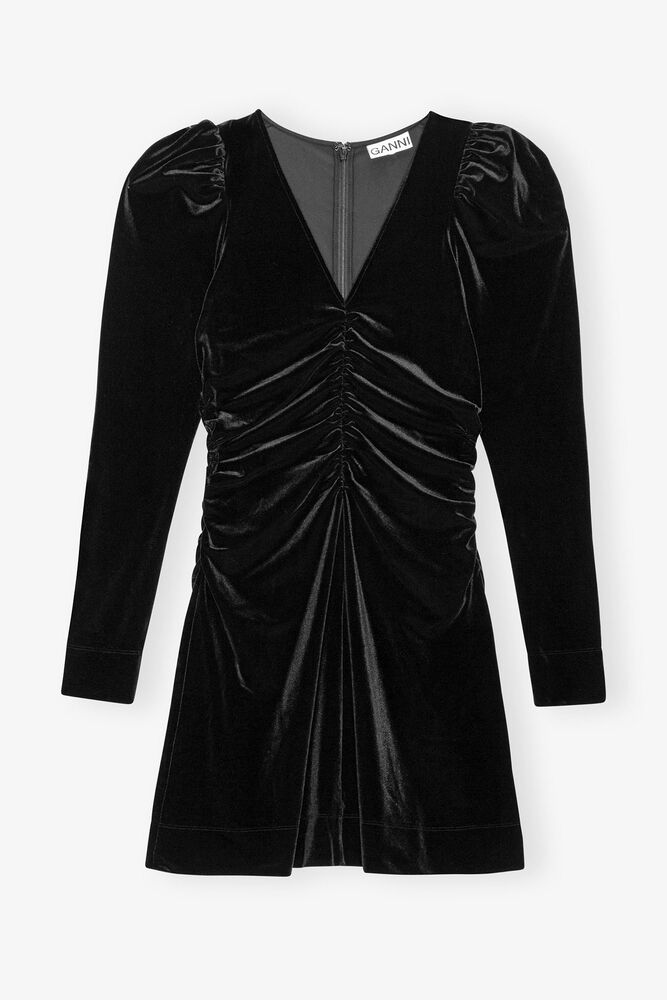 Black Velvet Jersey Gathered Mini Dress, Black