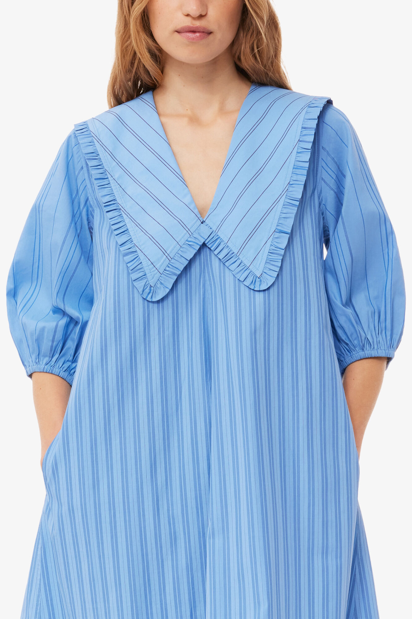 Re-cut Striped Cotton V-Neck Maxi Dress, Organic Cotton, in colour Silver Lake Blue - 4 - GANNI