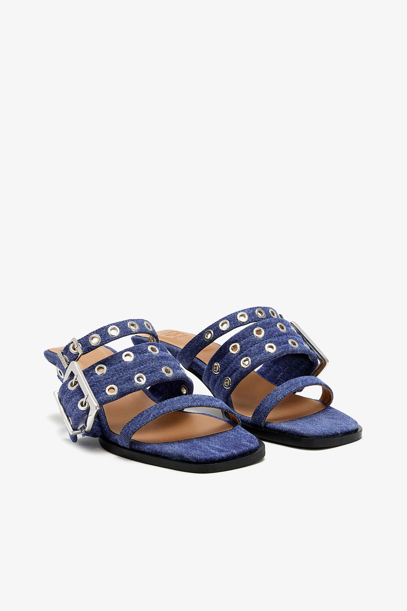 Buckle Strap Mule in Denim, Organic Cotton, in colour Mid Blue Vintage - 2 - GANNI