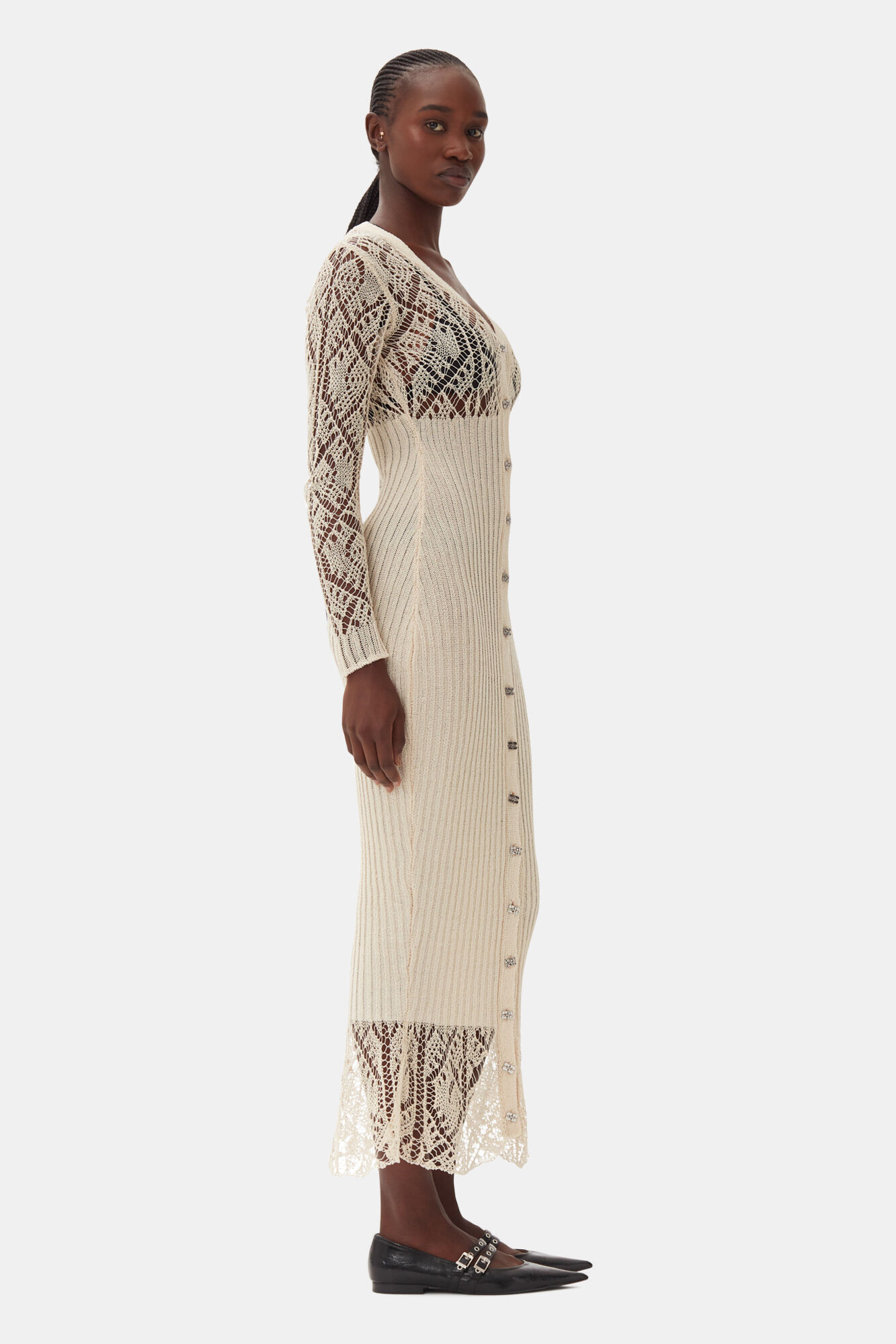 Beige Cotton Lace Button Down Maxi Dress, Cotton, in colour Egret - 3 - GANNI