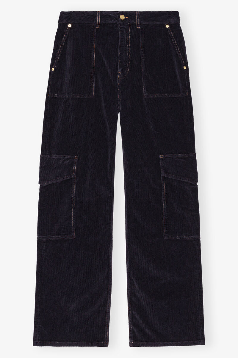 Blue Washed Corduroy Cargo Pants, Elastane, in colour Sky Captain - 1 - GANNI