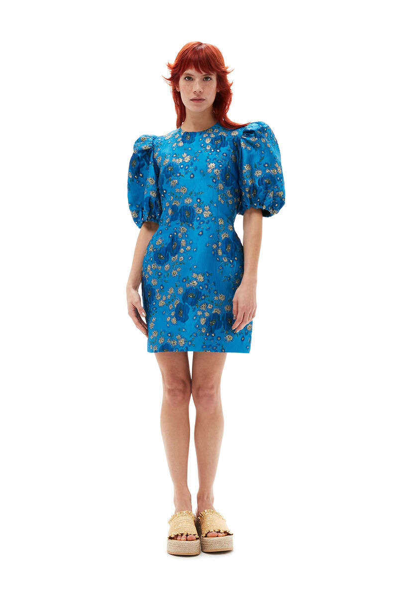 3D Jacquard Open Back Mini Dress, Elastane, in colour Brilliant Blue - 1 - GANNI