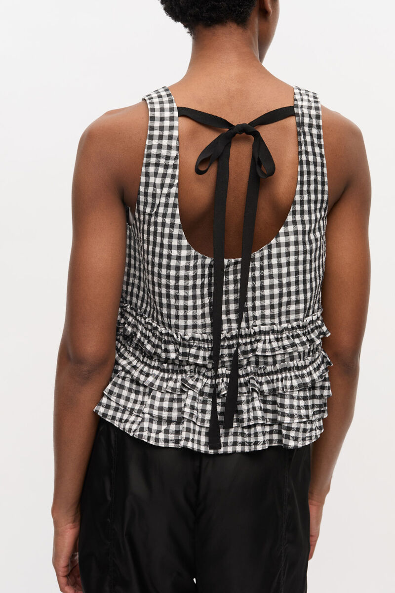 Crinkled Check Frill Top, Recycled Polyester, in colour Black - 3 - GANNI