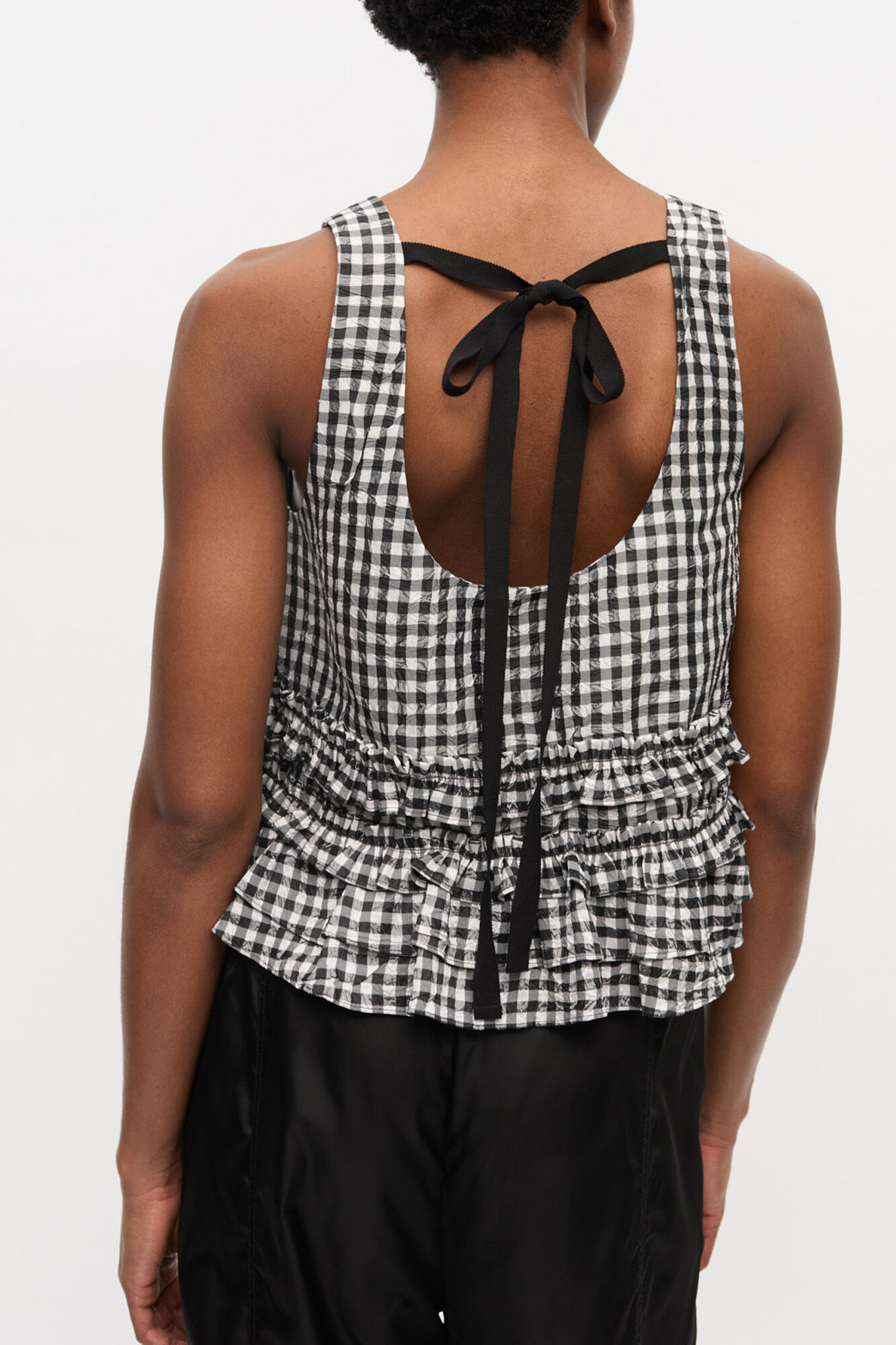 Crinkled Check Frill Top, Recycled Polyester, in colour Black - 3 - GANNI