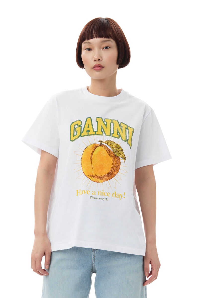 Lässiges T-Shirt mit Pfirsich-Print , Cotton, in colour Bright White - 1 - GANNI
