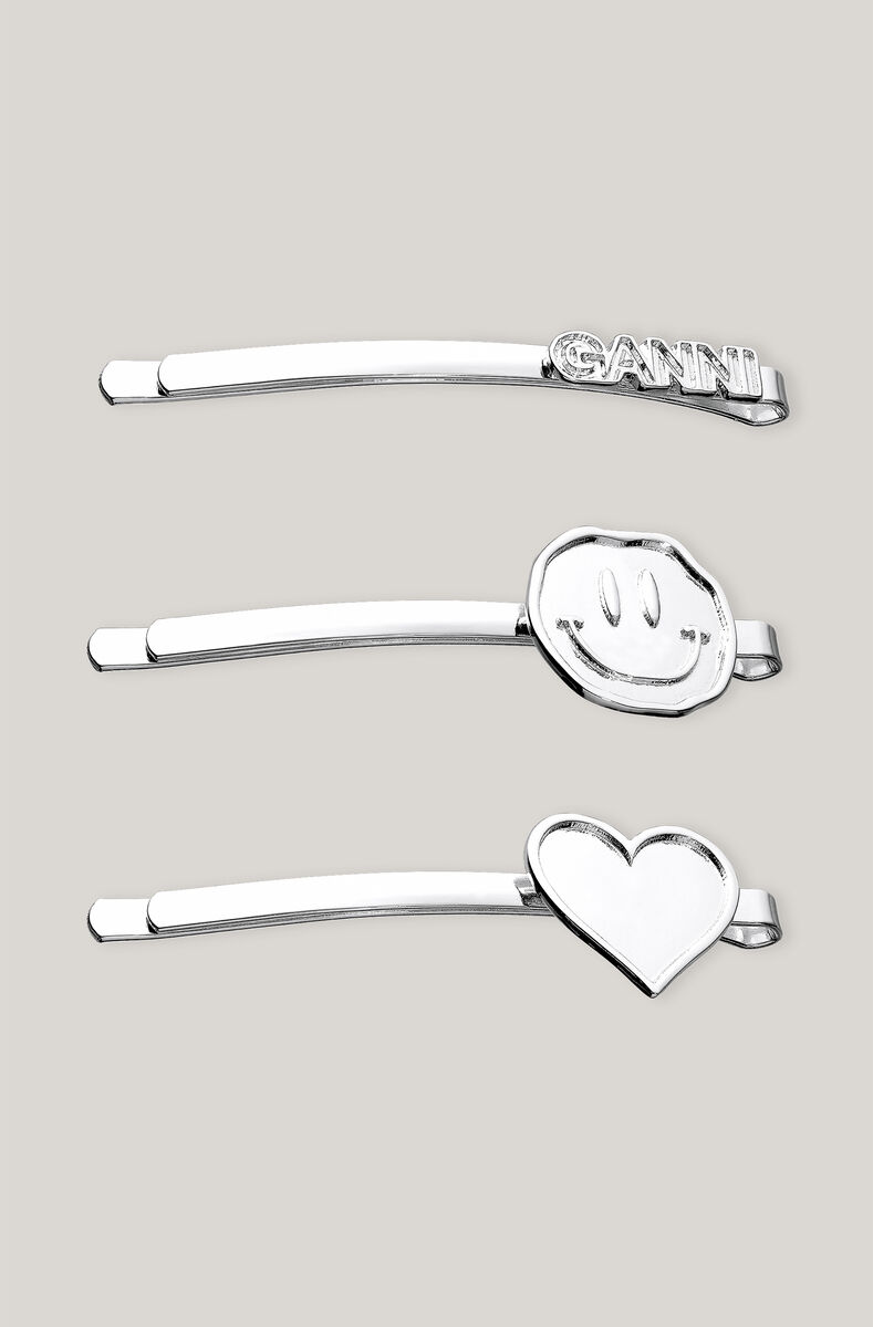 Charms Accessories Hairpin Smiley, Heart, Ganni, Brass, in colour Silver - 1 - GANNI