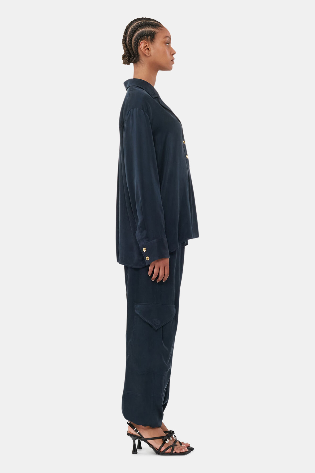 Blue Washed Satin Trousers, Cupro, in colour Sky Captain - 2 - GANNI