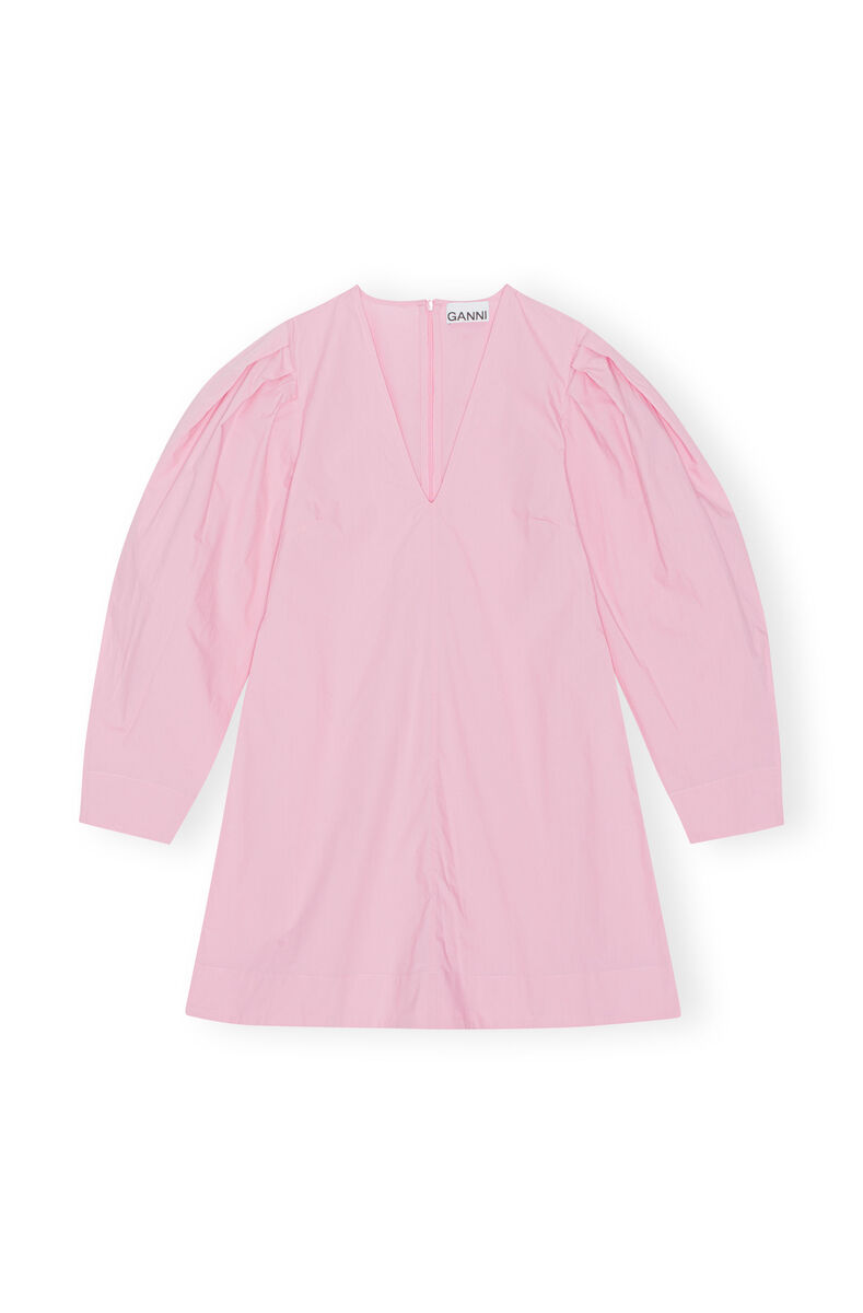 Pink Cotton Poplin V-neck Mini Dress, Cotton, in colour Orchid Smoke - 1 - GANNI
