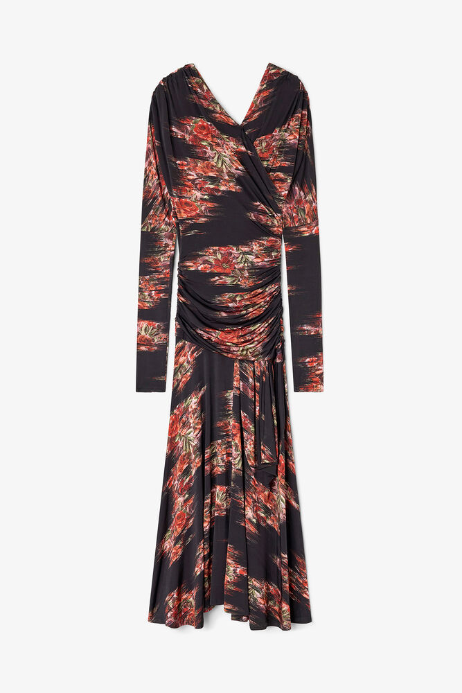 Floral Ruched Dress, Black