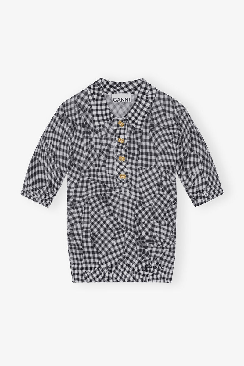 Black Sheer Cotton Printed Polo Shirt, Elastane, in colour Black - 1 - GANNI