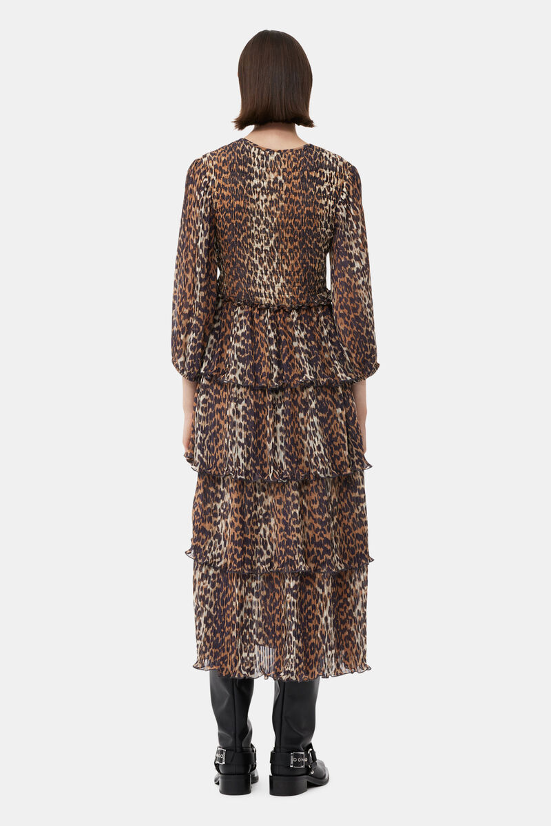 Leopard Pleated Georgette Flounce Smock Midi Dress, Recycled Polyester, in colour Almond Milk - 2 - GANNI