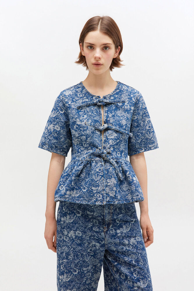 Blue Tapestry Peplum Blouse, Mid Blue Stone