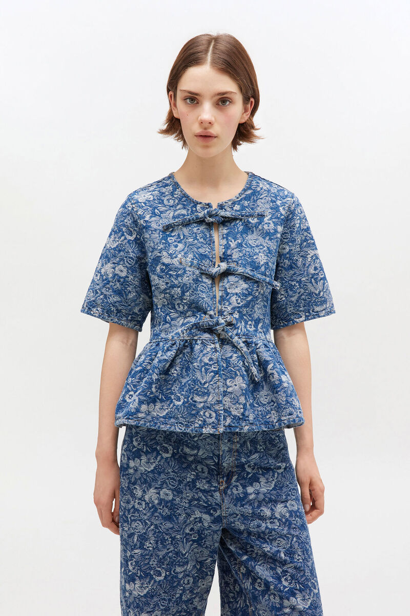 Blue Tapestry Peplum Blouse, Cotton, in colour Mid Blue Stone - 1 - GANNI