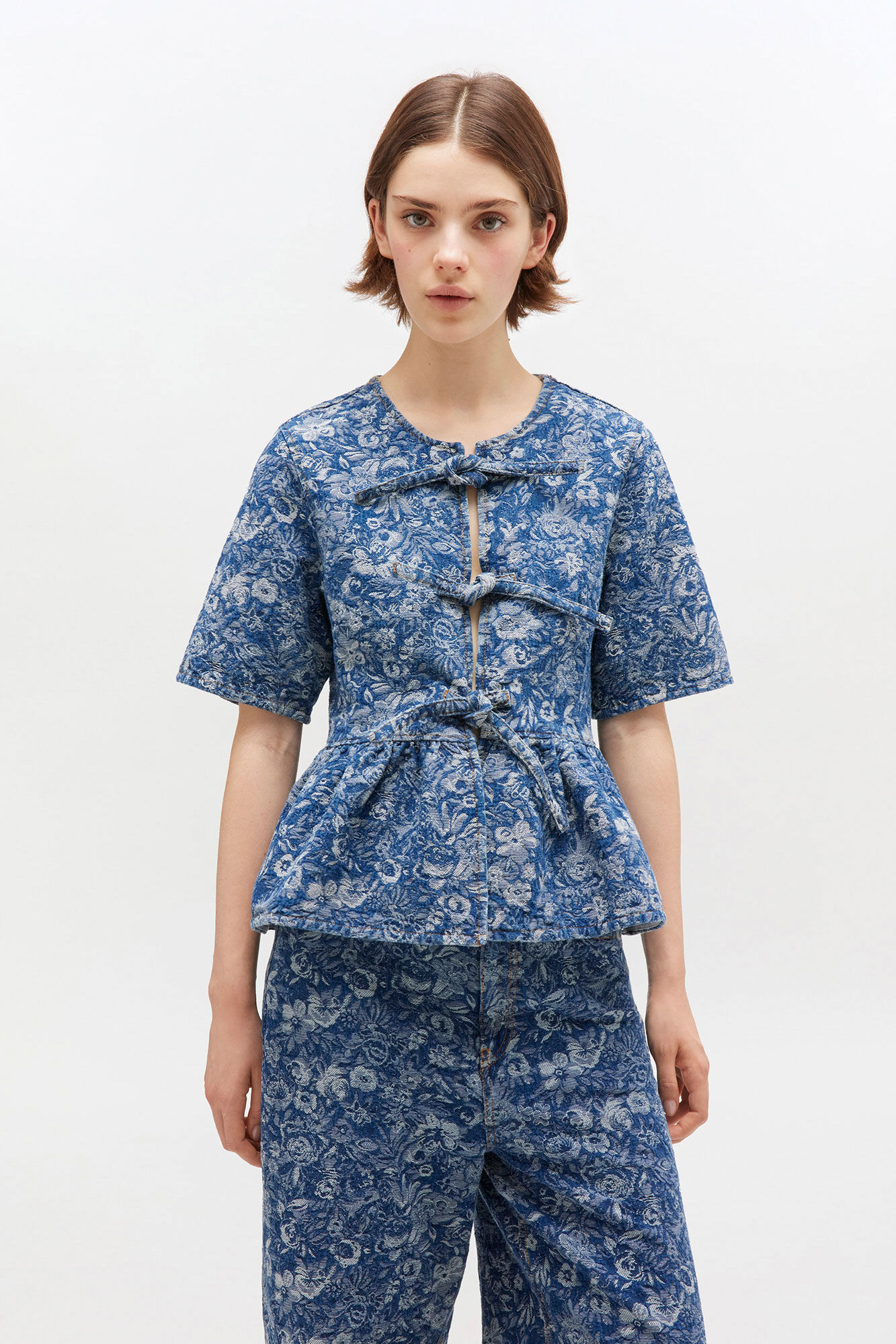 Blue Tapestry Peplum Blouse, Cotton, in colour Mid Blue Stone - 1 - GANNI