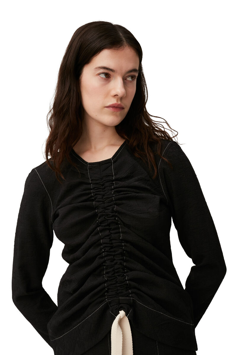 Jacquard Ruched Blouse, Polyester, in colour Black - 3 - GANNI