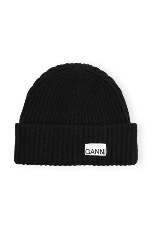 Shop Ganni Oversized Wool Rib Knit Beanie In Black