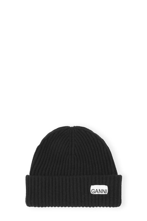 Ganni Wool-blend Ribbed-knit Beanie Hat In Black