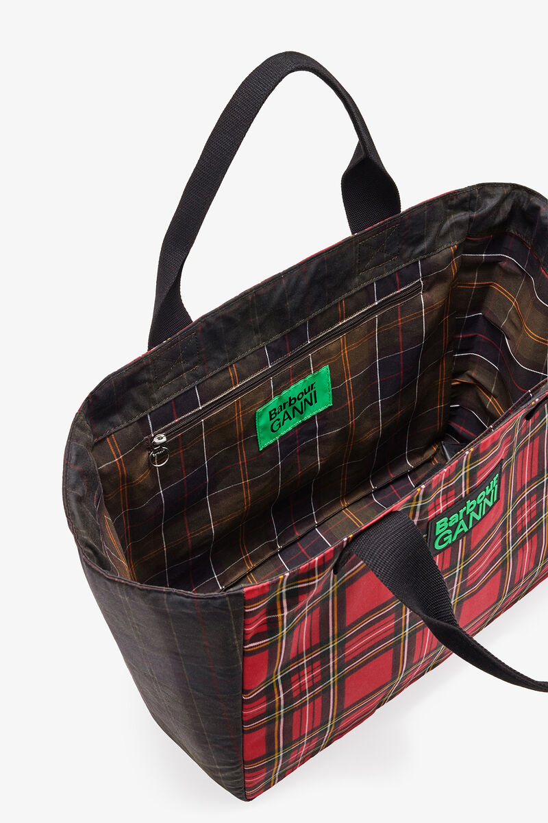 Red Tartan Tote, Cotton, in colour Dark Green - 3 - GANNI