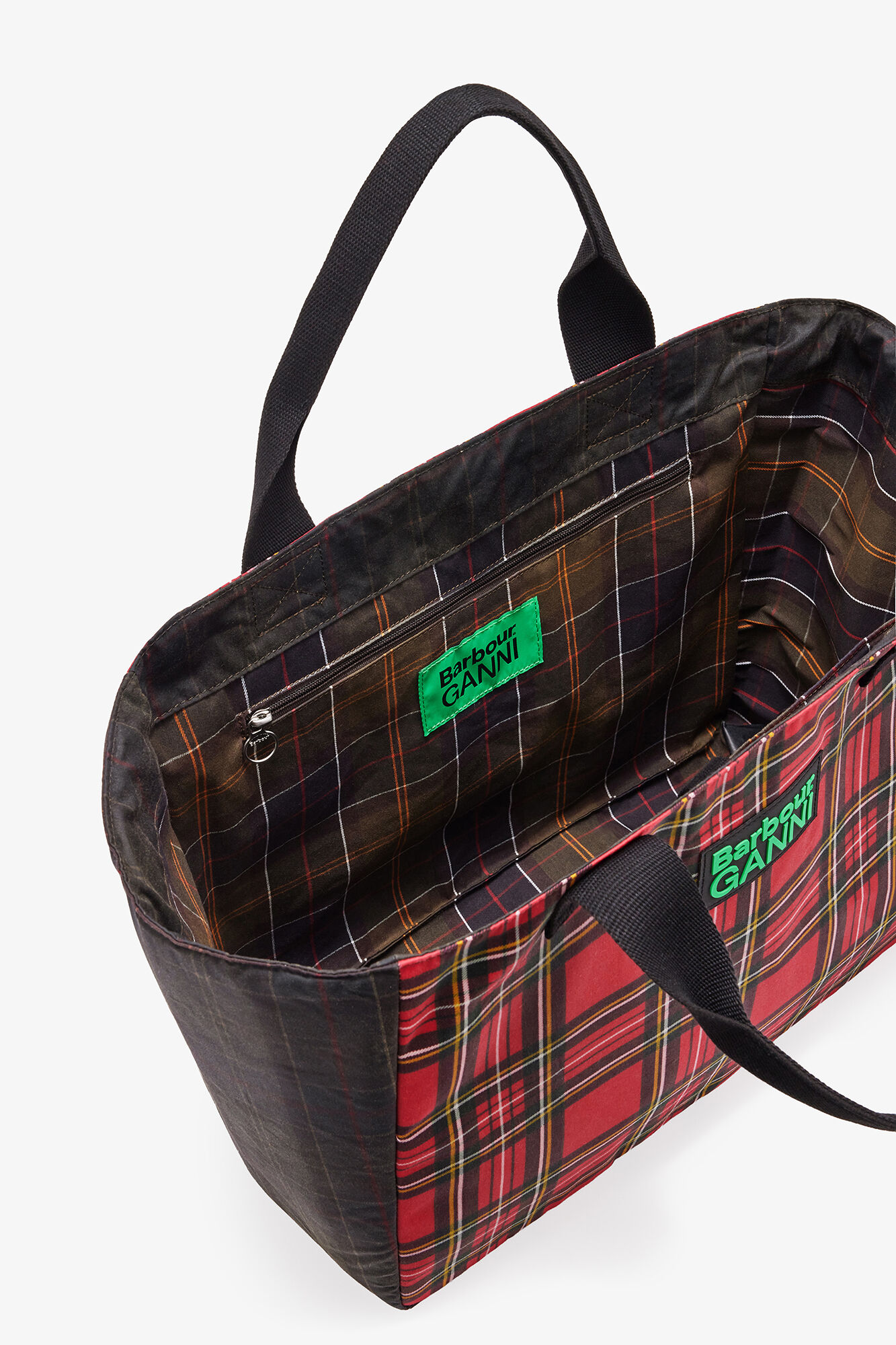 Red Tartan Tote, Cotton, in colour Dark Green - 3 - GANNI