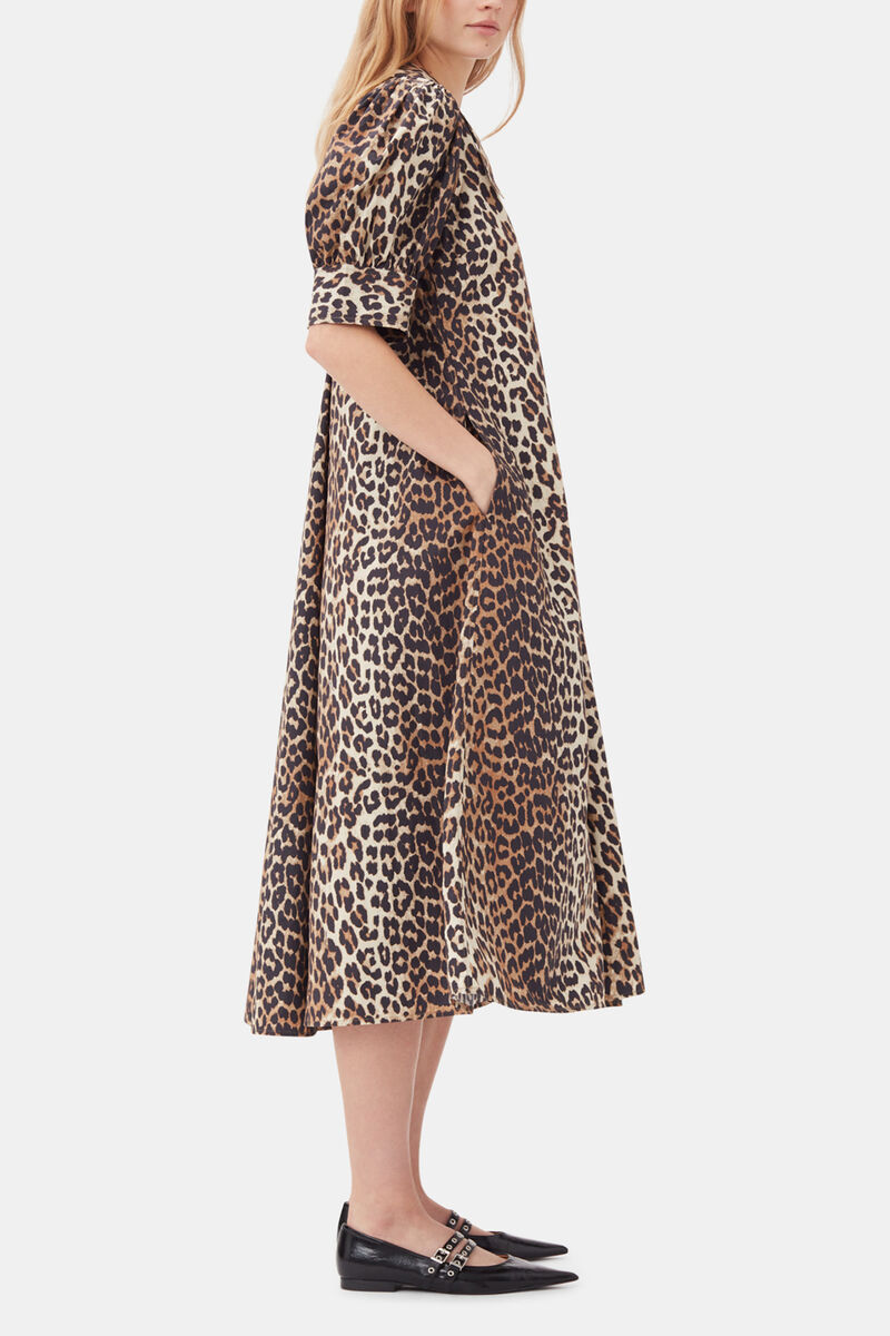 Leopard Cotton Poplin V-neck Maxi Dress, Organic Cotton, in colour Leopard - 3 - GANNI