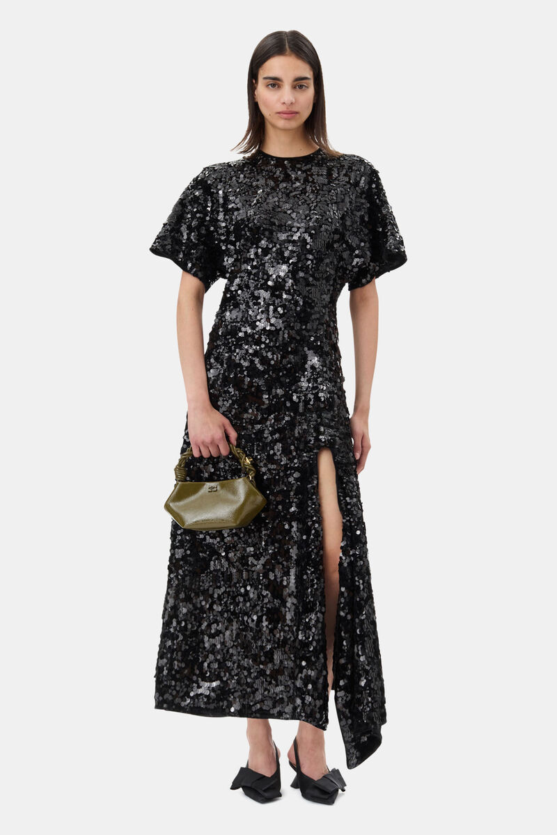 Black Velvet Sequins Long Dress, Polyester, in colour Black - 1 - GANNI