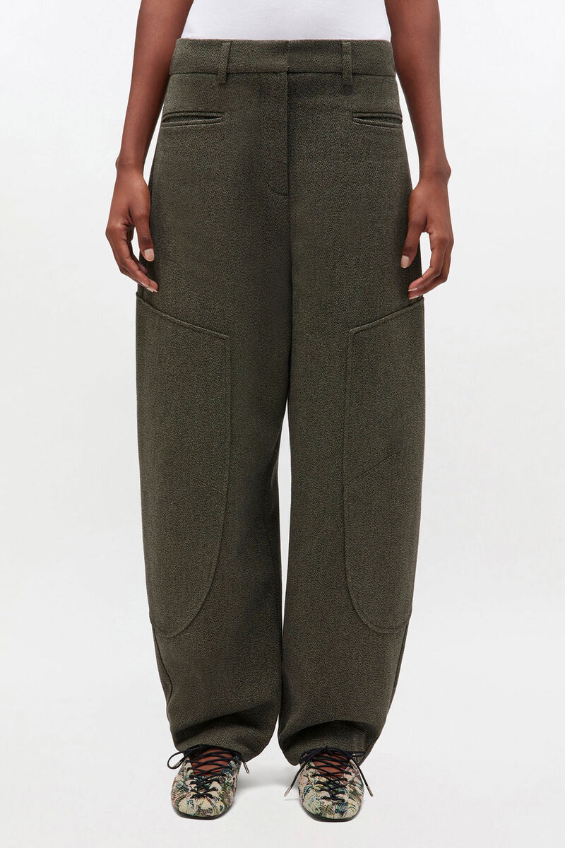 Green Mouline Curved Trousers, Organic Cotton, in colour Forest Night - 2 - GANNI