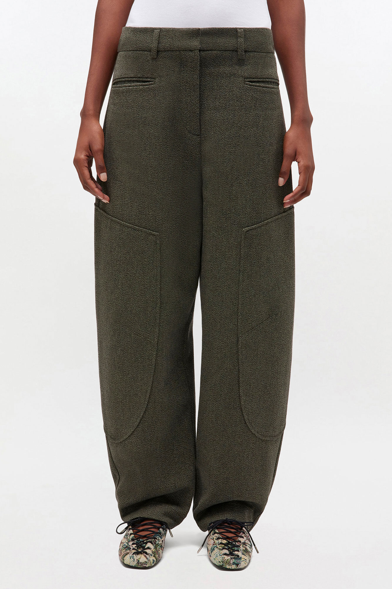 Green Mouline Curved Trousers, Organic Cotton, in colour Forest Night - 2 - GANNI