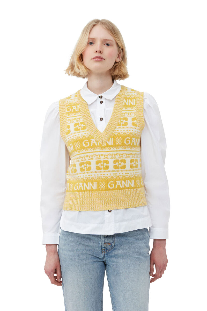 Yellow Wool Mix Vest, Recycled Polyamide, in colour Maize - 4 - GANNI