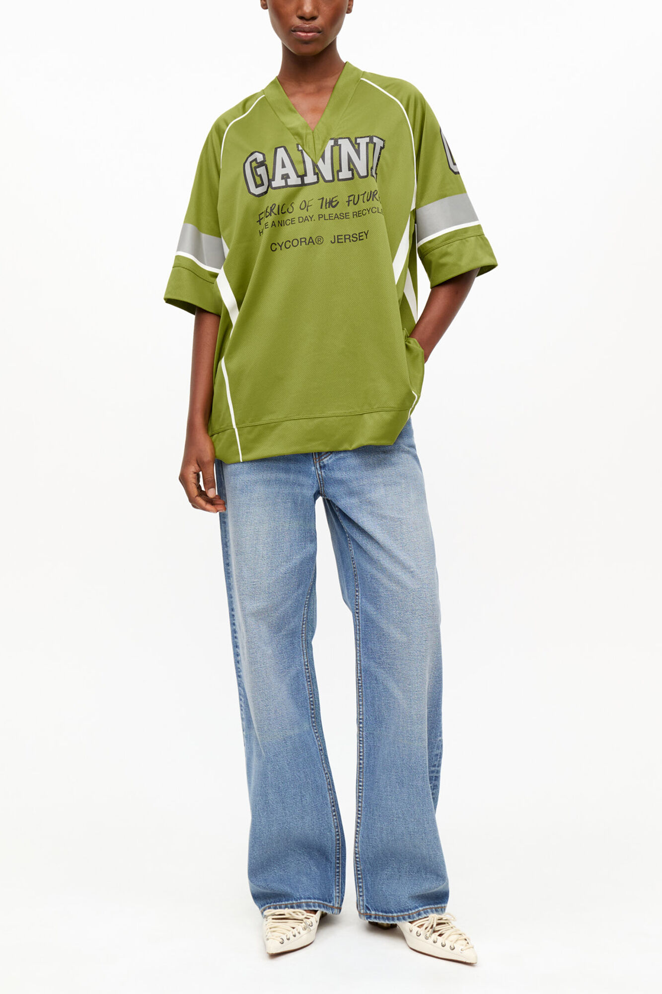 Green League Oversized T-shirt, Recycled Polyester, in colour Golden Cypress - 1 - GANNI