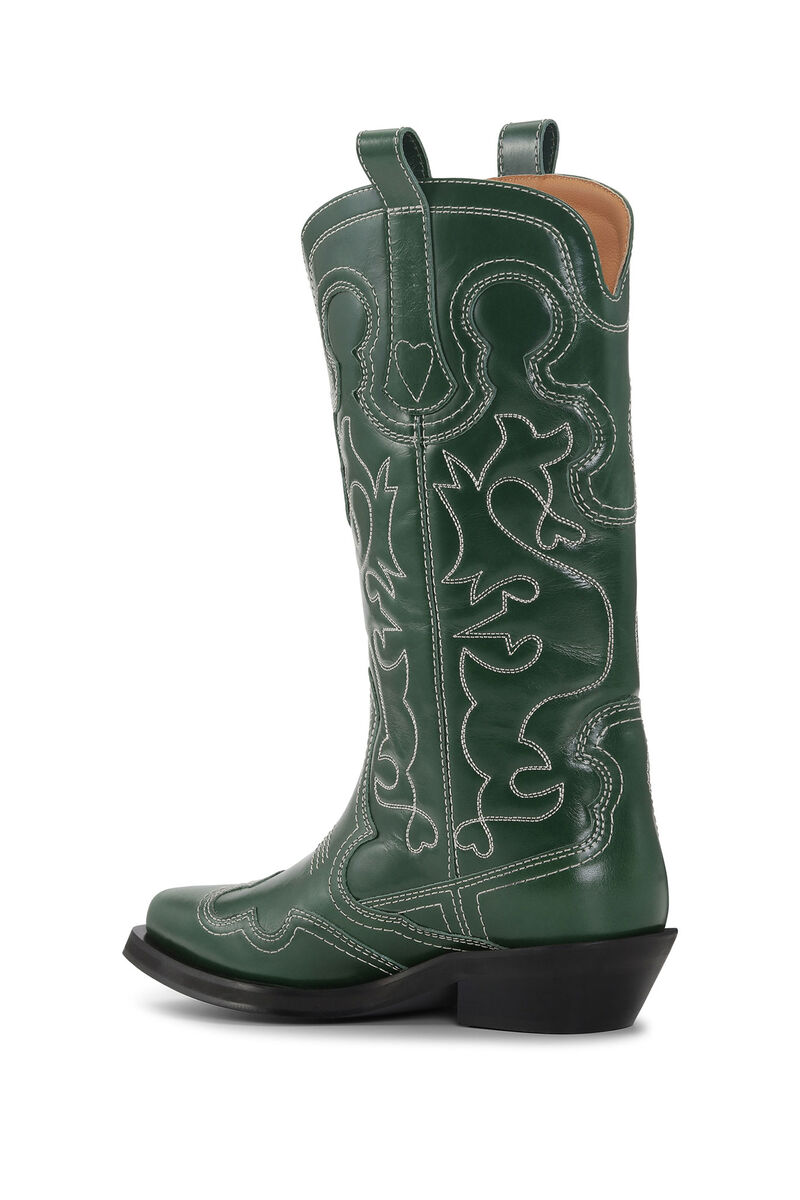 Kelly Green Mid Shaft Embroidered Western Boots | GANNI US