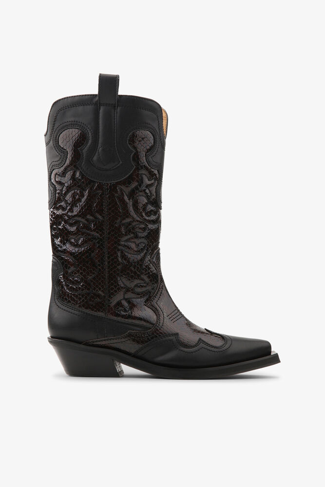 Mid Shaft Embroidered Western Boots in Burgundy, Black/Dark Burgundy