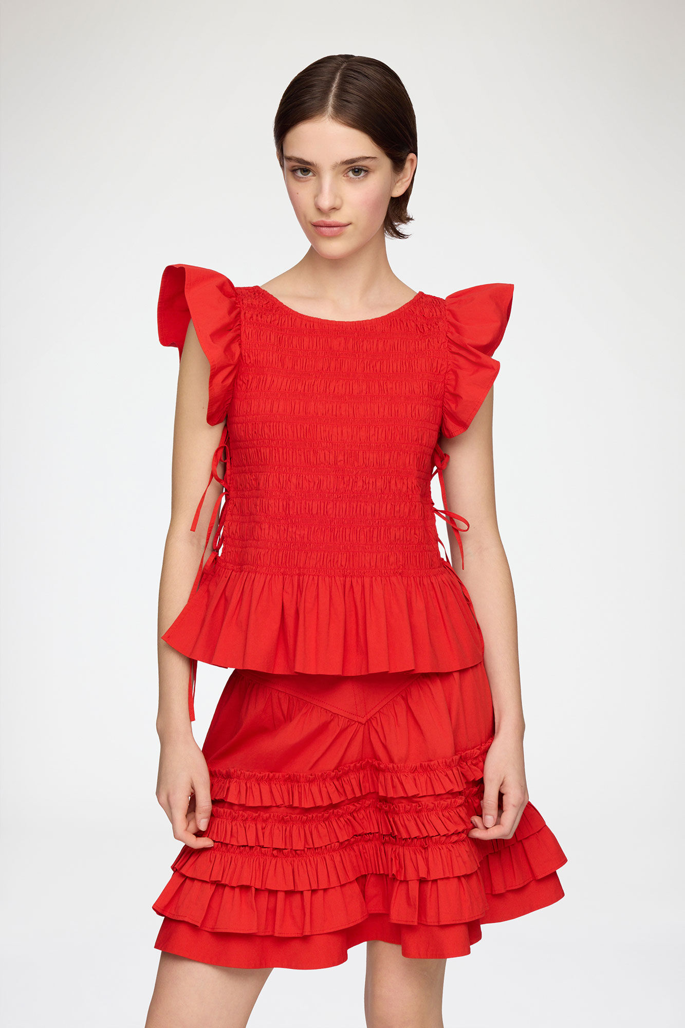 Top in Smocked Cotton, Organic Cotton, in colour Goji Berry - 1 - GANNI
