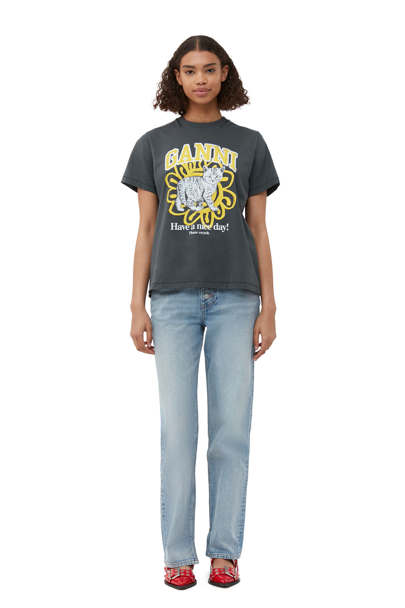 Relaxed Cat T-shirt, Cotton, in colour Volcanic Ash - 2 - GANNI
