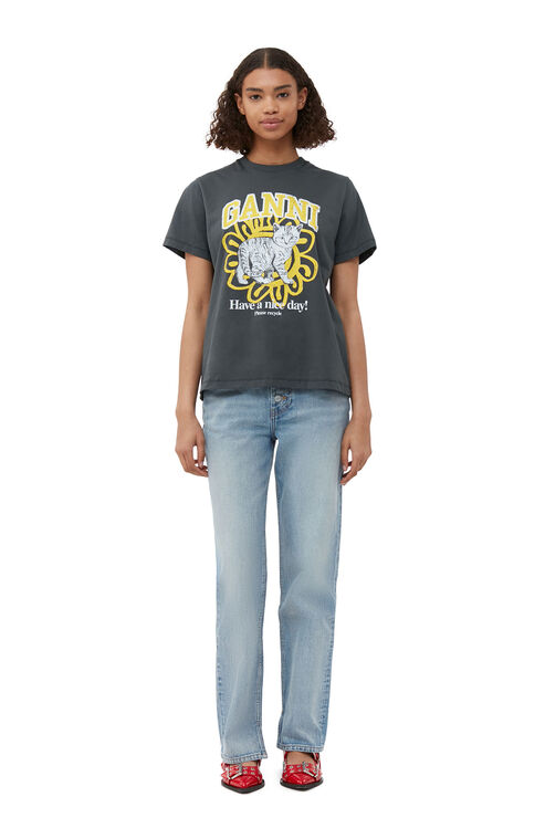 Ganni Short Sleeve Relaxed Cat T-shirt In Volcanic Ash