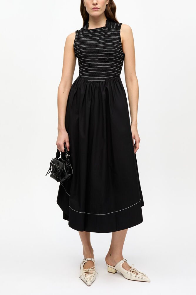 Washed Stretch Cotton Smock Midi Dress, Black