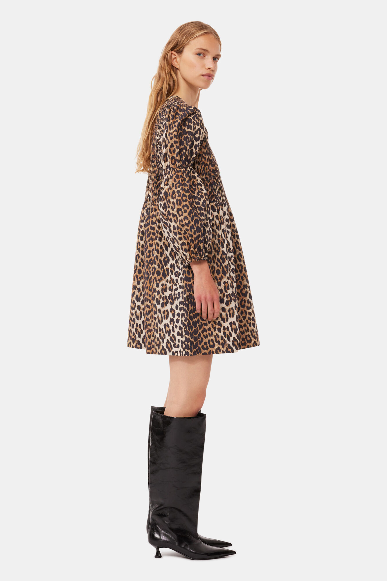 Leopard Cotton Poplin Smock Mini Dress, Cotton, in colour Leopard - 3 - GANNI