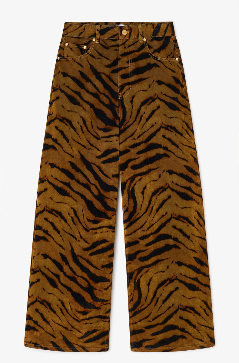 Tiger Print Baggy Jeans, Recycled Cotton, in colour Khaki - 1 - GANNI