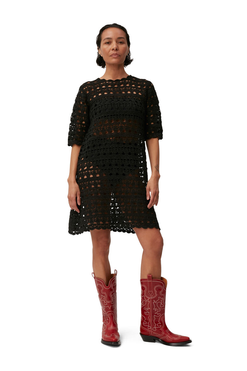 Crochet Open Back Mini Dress, Nylon, in colour Black - 1 - GANNI