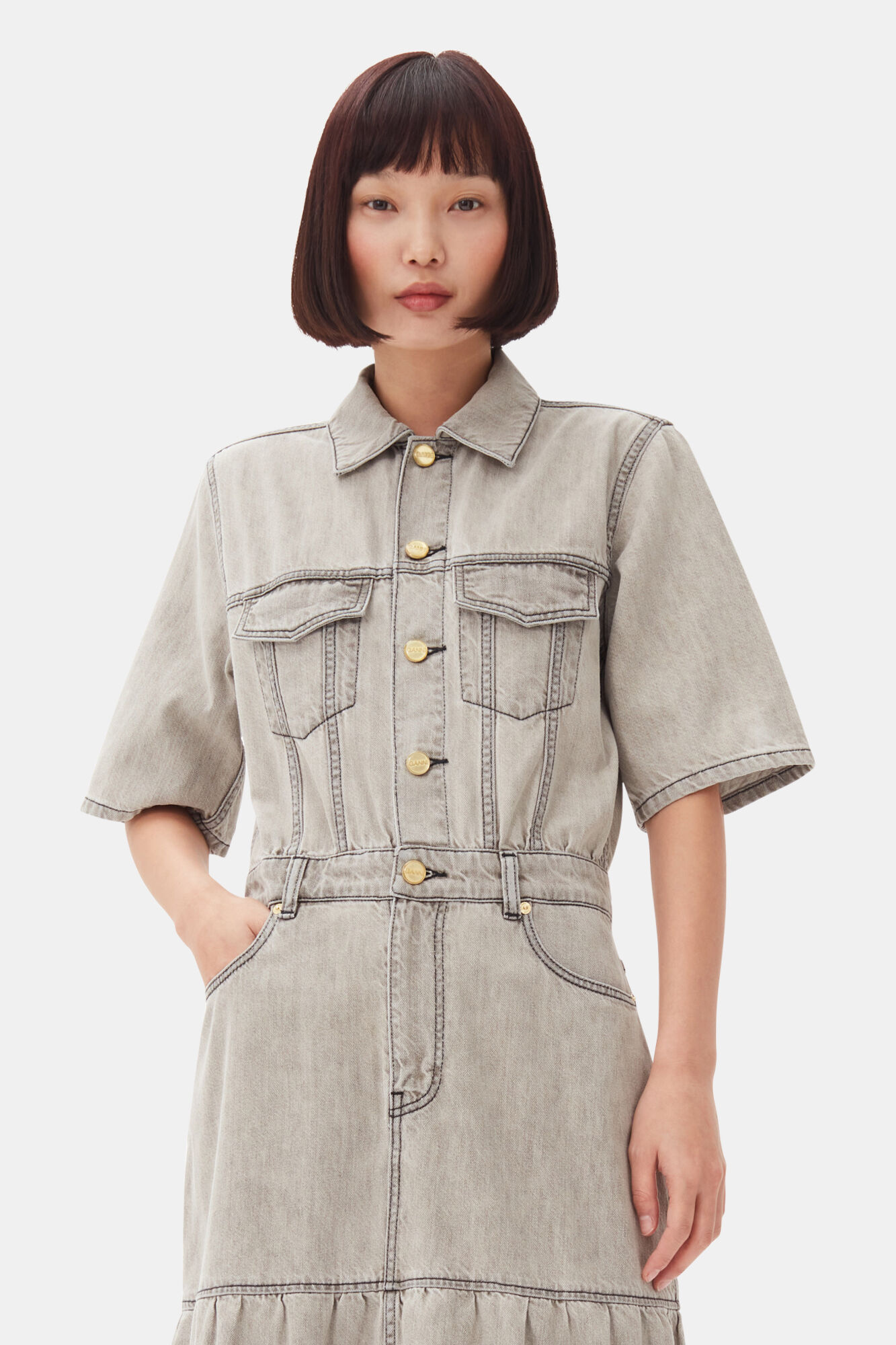Grey Future Long Denim Dress, Organic Cotton, in colour Gray Quill - 2 - GANNI