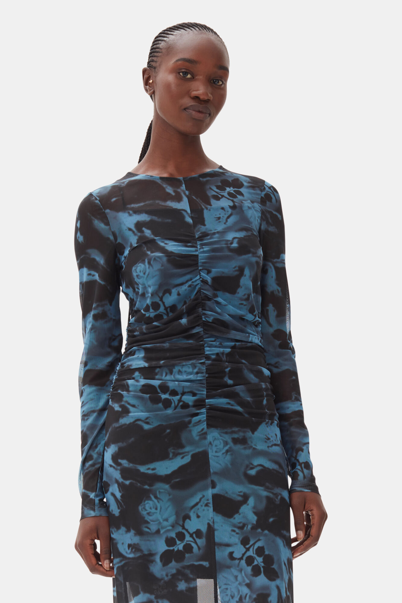 Blue Printed Mesh O-neck Ruched Long Dress, Elastane, in colour Blue Shadow - 2 - GANNI