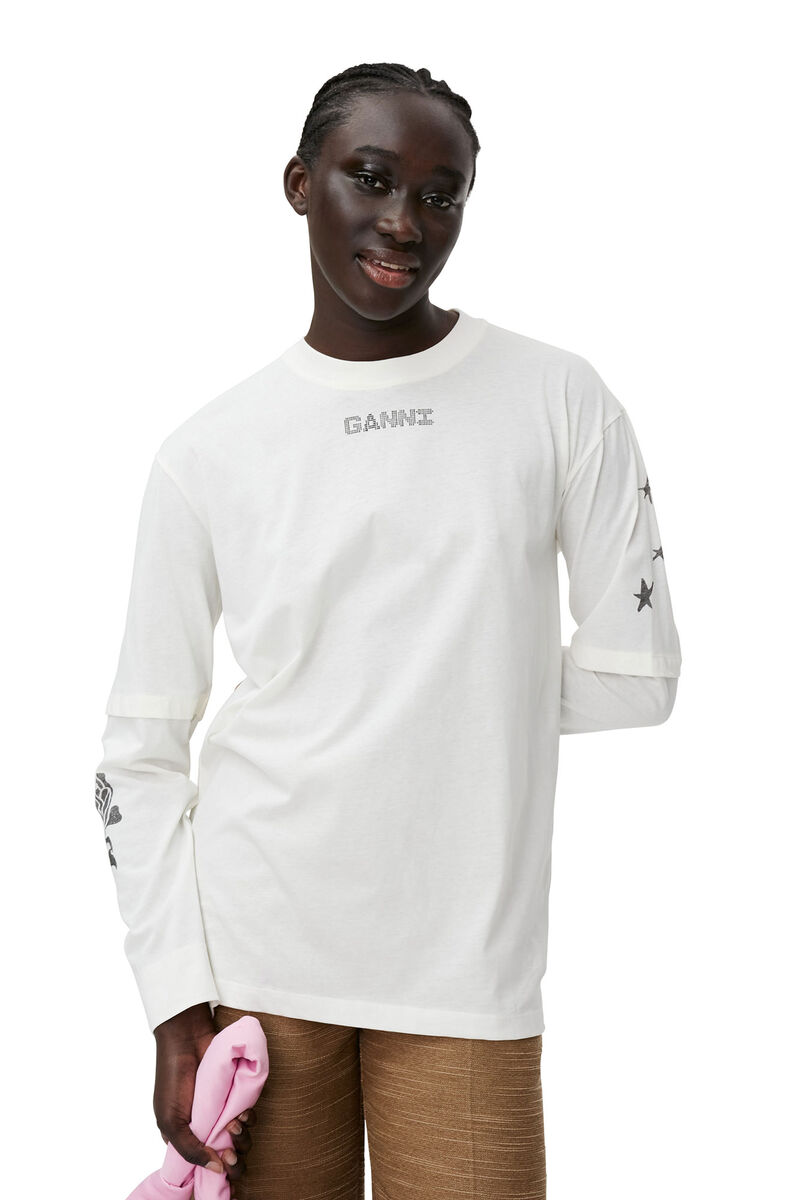 White Long Sleeve T-shirt, Cotton, in colour Vanilla Ice - 3 - GANNI