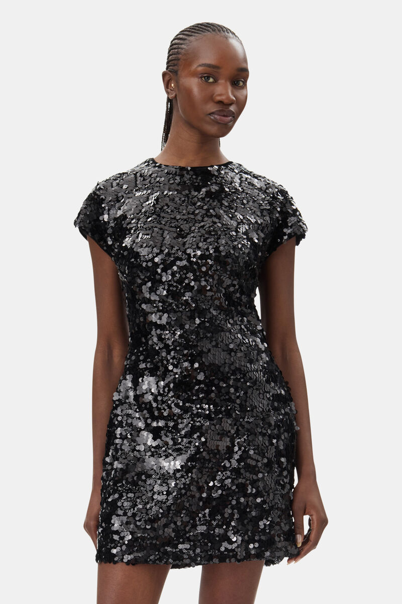 Black Velvet Sequins Mini Dress, Polyester, in colour Black - 2 - GANNI