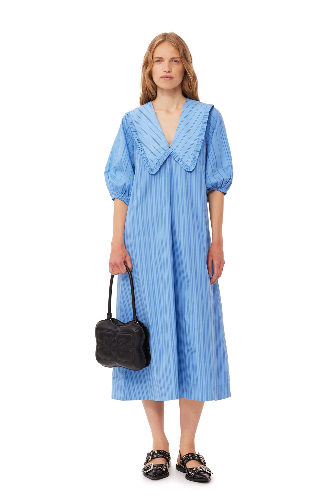Re-cut Striped Cotton V-Neck Maxikjole, Cotton, in colour Silver Lake Blue - 1 - GANNI