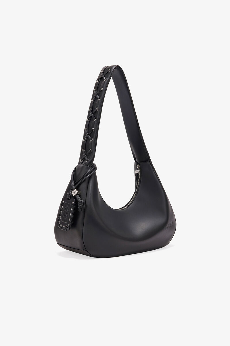 Black Medium Laces Hobo Bag, Polyester, in colour Black - 2 - GANNI