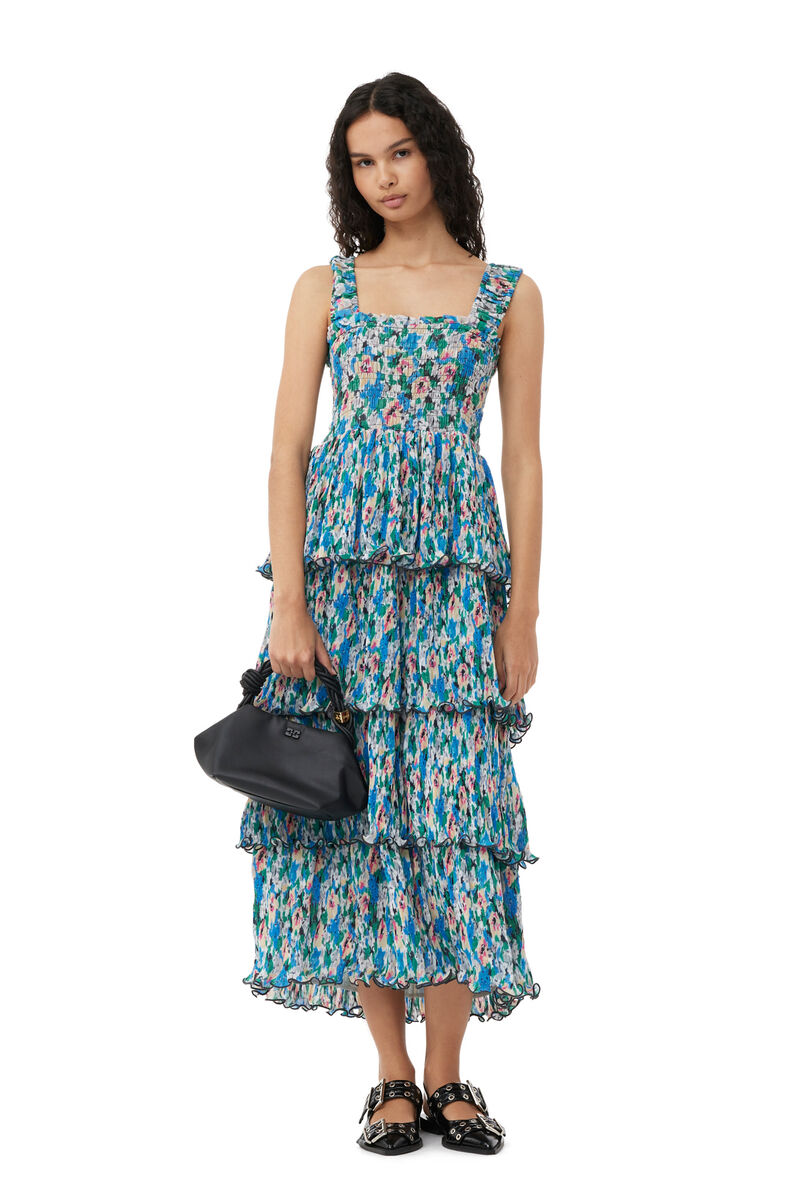 Floral Azure Pleated Georgette Smock Dress | GANNI US