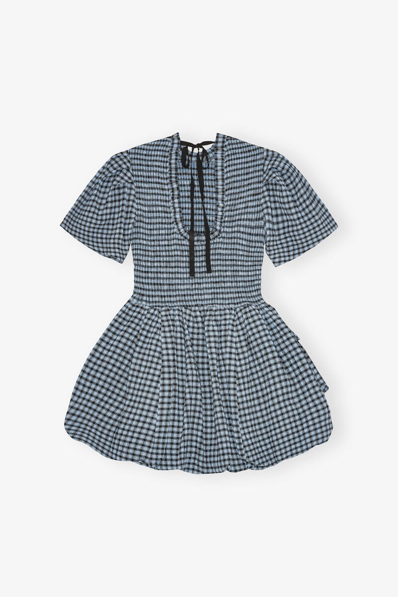 Blue Seersucker Check Mini Smock Dress, Elastane, in colour Soft Chambray - 2 - GANNI