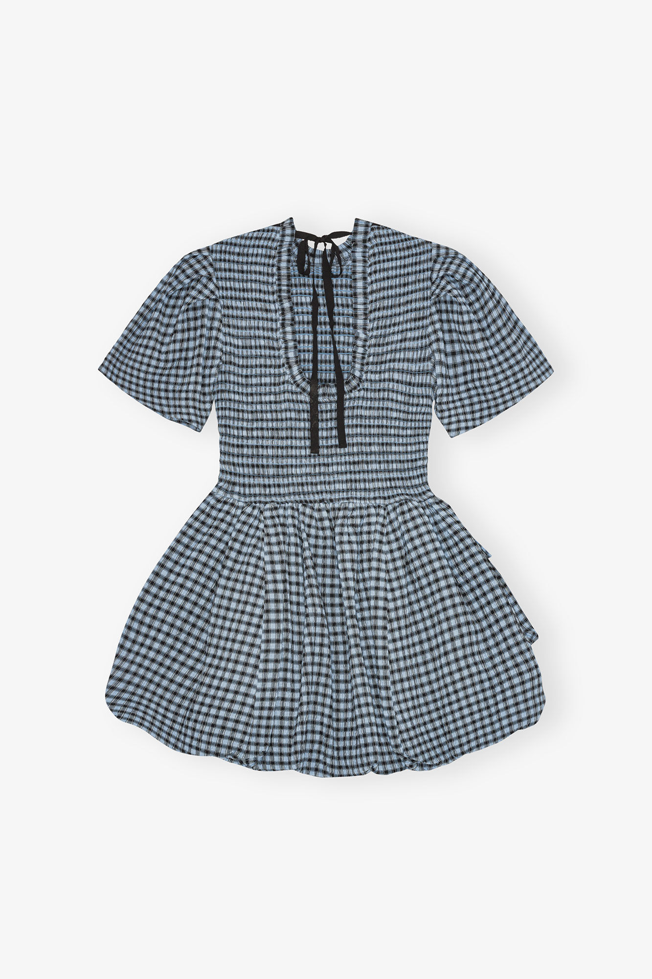 Blue Seersucker Check Mini Smock Dress, Elastane, in colour Soft Chambray - 2 - GANNI